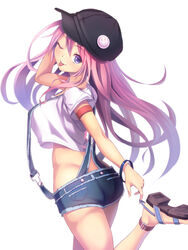  ;p absurdres adjusting_clothes adjusting_shoe ass blue_eyes commentary_request crop_top crop_top_overhang denim denim_shorts female highres leg_up long_hair looking_at_viewer looking_back luupechi midriff one_eye_closed pink_hair short_shorts shorts solo suspender_shorts suspenders tongue tongue_out white_background 