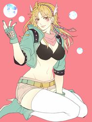  bad_id bad_twitter_id bikini bikini_top_only black_bikini blonde_hair bubble caesar_anthonio_zeppeli facial_mark feather_hair_ornament feathers female fingerless_gloves genderswap_(mtf) gloves green_jacket hair_ornament headband high_heels hydrokinesis jacket jojo_no_kimyou_na_bouken long_hair manaka_(gunjooou) midriff nail_polish rule_63 scarf shorts solo swimsuit water yellow_eyes 