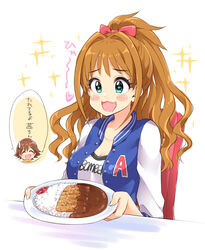  2girls bad_id bad_pixiv_id blush_stickers breasts cleavage clothes_writing commentary_request curly_hair curry curry_rice drooling food green_eyes hair_intakes high_ponytail hino_akane_(idolmaster) holding holding_plate honda_mio hungry idolmaster idolmaster_cinderella_girls jacket katsu_(food) katsu_curry katsudon_(food) large_breasts letterman_jacket long_hair long_sleeves multiple_girls open_mouth orange_hair out_of_frame plate rice short_hair single_letter sitting sparkle speech_bubble spoken_character sweatdrop translated trente white_sleeves 