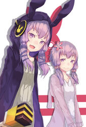  2girls animal_hood animal_print collarbone commentary_request dress dual_persona flower hair_flower hair_ornament hair_ribbon headphones highres hood hood_down hood_up hoodie long_hair looking_at_viewer microphone multiple_girls oerba_yun_fang open_mouth oweee purple_eyes purple_hair rabbit_hood rabbit_print ribbon simple_background smile twintails upper_body v_arms vocaloid voiceroid yuzuki_yukari yuzuki_yukari_(lin) yuzuki_yukari_(onn) yuzuki_yukari_(vocaloid4) 