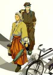  2boys archer_(fate) arms_at_sides bad_id bad_pixiv_id bicycle bicycle_basket blue_hair crimo cu_chulainn_(fate) cu_chulainn_(fate/stay_night) fate/stay_night fate/zero fate_(series) flat_cap gakuran hair_over_shoulder hakama hakama_skirt hand_in_pocket hat holding holding_umbrella jacket japanese_clothes kimono long_hair long_sleeves looking_away male_focus multiple_boys orange_hakama pants ponytail red_eyes school_uniform shosei skirt standing suitcase umbrella white_hair 