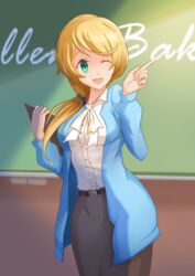  ;d blonde_hair blue_jacket breasts chalkboard character_name clipboard commentary ellen_baker english_commentary female green_eyes highres jacket johnson_zhuang long_hair long_skirt low_ponytail medium_breasts new_horizon one_eye_closed open_mouth ponytail scrunchie shirt skirt smile solo white_shirt 