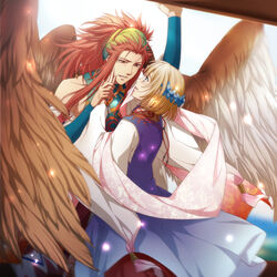  1boy 83pikoru angel_wings arm_up ashihara_chihiro beads blonde_hair blue_eyes blush brown_eyes commentary_request eye_contact female flower hair_beads hair_flower hair_ornament hairband hand_grab hand_on_another&#039;s_cheek hand_on_another&#039;s_face harukanaru_toki_no_naka_de harukanaru_toki_no_naka_de_4 highres looking_at_another red_hair sazaki short_hair smile standing wide_sleeves wings 