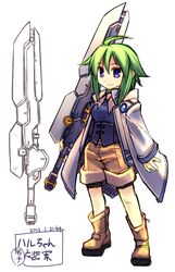  blue_eyes commentary_request dated female full_body green_hair hakoniwa_tsuka short_hair simple_background smile solo sword translation_request weapon white_background 