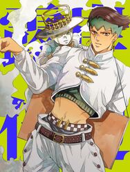  2boys bad_id bad_twitter_id brown_hair hat headband heaven&#039;s_door jojo_no_kimyou_na_bouken kishibe_rohan manaka_(gunjooou) midriff multiple_boys stand_(jojo) 