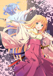  2girls :d ahoge amiami_(company) amico blonde_hair blue_eyes blue_hair blush cherry_blossoms fighting_stance from_behind green_eyes hakama hakama_skirt holding holding_sword holding_weapon japanese_clothes kimono lilco long_hair looking_at_viewer multiple_girls open_mouth profile red_hakama sheath sheathed skirt smile sword twintails two_side_up unsheathed weapon wide_sleeves wrist_cuffs yumekui 