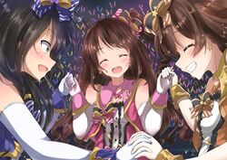  3girls :d ^_^ absurdres black_hair blue_bow blue_vest blush body_blush bow brown_hair buttons center_frills closed_eyes collarbone commentary_request earrings elbow_gloves eyebrows flower_earrings frills from_side glint gloves glowstick green_eyes grin hairbow head_tilt highres holding_hands honda_mio idol idolmaster idolmaster_cinderella_girls jewelry long_hair multiple_girls new_generations_(idolmaster) one_side_up open_clothes open_mouth open_vest orange_bow orange_vest pentagon_(railgun_ky1206) pink_vest profile red_bow round_teeth shibuya_rin shimamura_uzuki shirt smile stage_of_magic_(idolmaster) star_(symbol) star_earrings striped striped_bow sweatdrop teeth treble_clef upper_body very_long_hair vest wavy_hair white_shirt wrist_cuffs 