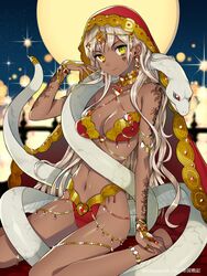  anklet barefoot blonde_hair bracelet breasts bridal_gauntlets choker circlet cleavage commentary_request copyright_name dark-skinned_female dark_skin earrings female jewelry large_breasts long_hair looking_at_viewer mami_(apsaras) navel official_art revealing_clothes ring smile snake solo tan teikoku_senki thumb_ring vritra_(teikoku_senki) yellow_eyes 