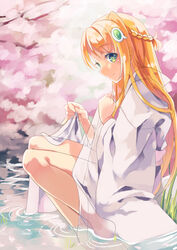  amiami_(company) amico barefoot blonde_hair blush braid cherry_blossoms female french_braid from_side green_eyes hair_ornament japanese_clothes logo_hair_ornament long_hair looking_at_viewer sitting smile soaking_feet solo water yumekui 