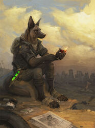  alcohol anthro backpack barefoot beverage biped canid canine canis city clothed clothing cloud console_on_ground container cord cup detailed_background digital_media_(artwork) domestic_dog drinking_glass electronics english_text fallout feet fire game_boy game_boy_console game_boy_family game_console german_shepherd glass glass_container glass_cup glowstick gun handheld handheld_console hazard_symbol hazard_symbol_print headphones herding_dog holding_glass holding_object lonely male malinois_dog mammal meme microsoft newspaper nintendo nintendo_console outside pastoral_dog patch_(fabric) post-apocalyptic print_weapon radiation_symbol radiation_symbol_print ranged_weapon ruins sheepdog simul sitting sky solo survivor symbol tent text tire weapon wine wine_glass wired_headphones 