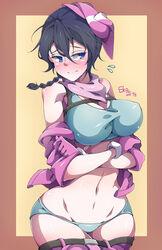  artist_name bare_shoulders belt black_hair blue_eyes blue_panties blush border braid breasts brown_border chinese_text cleavage commentary_request cosplay cowboy_shot crop_top crossed_arms dated falco_arrow female flying_sweatdrops gloves groin hair_between_eyes hat highres jacket kohiruimaki_karen large_breasts llenn_(sao) llenn_(sao)_(cosplay) midriff navel panties pants pink_gloves pink_hat pink_jacket pink_pants pink_scarf scarf single_braid solo sword_art_online sword_art_online_alternative:_gun_gale_online undersized_clothes underwear 