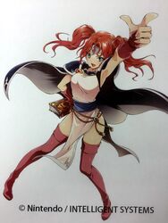  armpits arms_up artist_request blue_eyes book bridal_gauntlets cape dress female fire_emblem fire_emblem:_hasha_no_tsurugi fire_emblem_cipher full_body gloves hand_on_own_hip holding jemmy_(fire_emblem) jewelry looking_at_viewer official_art open_mouth pelvic_curtain red_hair second-party_source short_twintails sleeveless smile solo thighhighs tiara twintails white_background 