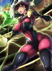  blush bodysuit breasts brown_hair commentary_request covered_navel covered_nipples earrings energy female g_gundam gloves glowing gundam haganef hairband huge_breasts jewelry looking_at_viewer mobile_trace_suit open_mouth pink_bodysuit rain_mikamura rising_gundam shiny_clothes short_hair skin_tight solo standing sweat thighhighs 