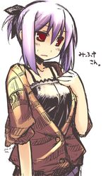  blush commentary_request dated female hakoniwa_tsuka hinomori_mifuyu original purple_hair red_eyes short_hair simple_background solo translated upper_body white_background 