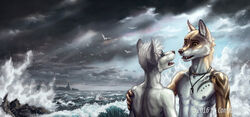  anthro avian bare_chest bird blue_eyes canid canine canis clothed clothing duo imiak jewelry landscape lighthouse male male/male mammal necklace outside particles rock rocky_shore romantic romantic_couple sea sea_spray seaside spray tattoo topless water wave wolf yellow_eyes 