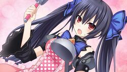  :o apron black_hair blush bow chou_megami_shinkou_noire_gekishin_black_heart crop_top detached_sleeves dutch_angle female game_cg hair_ornament hair_ribbon highres holding imageboard_desourced ladle long_hair manamitsu neptune_(series) noire_(neptunia) non-web_source official_art open_mouth pink_background polka_dot polka_dot_apron puffy_sleeves red_eyes ribbon solo sweatdrop twintails v-shaped_eyebrows 