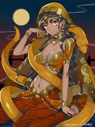  blonde_hair bracelet breasts choker circlet cleavage commentary_request copyright_name dark-skinned_female dark_skin earrings female jewelry long_hair looking_at_viewer mami_(apsaras) medium_breasts navel official_art revealing_clothes ring smile snake solo tan teikoku_senki thumb_ring vritra_(teikoku_senki) yellow_eyes 