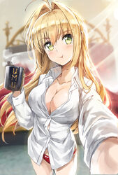  :t ahoge arm_up bedroom blonde_hair blurry breasts cleavage commentary cowboy_shot cup depth_of_field dress_shirt fate/extra fate/grand_order fate_(series) female foreshortening glint green_eyes hair_down hair_intakes indoors large_breasts long_hair long_sleeves looking_at_viewer mug mug_writing nero_claudius_(fate) nero_claudius_(fate/extra) no_pants panties photoshop_(medium) reaching reaching_towards_viewer red_panties selfie shirt solo steam tonee umu_(phrase) underwear 