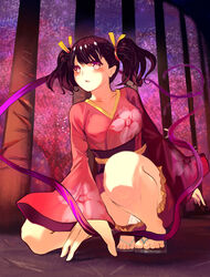  bad_id bad_pixiv_id blush brown_hair feet female foreshortening highres japanese_clothes kimono koutetsujou_no_kabaneri legs long_hair muike mumei_(kabaneri) obi open_mouth panties pantyshot photoshop_(medium) pink_kimono purple_eyes red_kimono ribbon sandals sash short_kimono short_yukata solo spread_legs squatting toes twintails underwear upskirt white_panties yukata 