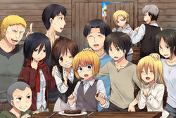  5girls 6+boys annie_leonhart armin_arlert bertolt_hoover black_eyes black_hair blonde_hair blue_eyes blush brown_eyes brown_hair clapping commentary_request connie_springer cup eren_yeager everyone food grin hand_on_head hood hoodie jean_kirstein keith_shadis knife krista_lenz long_hair long_sleeves marco_bott marimo_danshaku mikasa_ackerman multiple_boys multiple_girls one_eye_closed ponytail reiner_braun sasha_blouse scarf shingeki_no_kyojin short_hair smile steak sweatdrop vest yellow_eyes ymir_(shingeki_no_kyojin) 