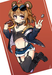  :q aged_down ahoge animal_ears bear_ears black_choker black_footwear black_shirt black_thighhighs blue_shorts boots brown_hair chocolate_doughnut choker commentary_request dated doughnut eyewear_on_head female food full_body girls&#039;_frontline grizzly_mkv_(girls&#039;_frontline) grizzly_mkv_(teddy_transform!)_(girls&#039;_frontline) jacket jumping knee_boots looking_at_viewer mou_tama_maru official_alternate_costume photoshop_(medium) purple_eyes red_background shirt short_hair shorts signature smile solo sunglasses thigh_strap thighhighs thighhighs_under_boots token_(girls&#039;_frontline) tongue tongue_out 