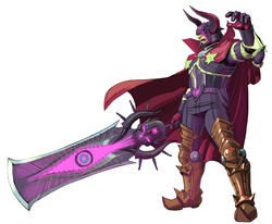  1boy armor belt boots capcom cape commentary_request crossover elbow_pads fake_horns full_body glowing glowing_eyes glowing_weapon gore_magala_(armor) helmet highres holding holding_weapon horned_helmet horns hudy8358 huge_weapon male_focus mega_man_(series) mega_man_x_(series) monster_hunter_(series) monster_hunter_xx open_mouth sigma_(mega_man) simple_background skull solo third_eye weapon white_background 