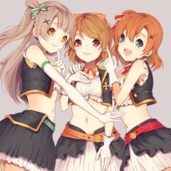  3girls belt blue_eyes brown_eyes brown_hair commentary_request elbow_gloves gloves koizumi_hanayo kosaka_honoka kurotea long_hair love_live! love_live!_school_idol_project midriff minami_kotori multiple_girls navel no_brand_girls one_side_up printemps_(love_live!) purple_eyes short_hair skirt 