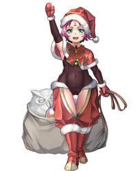  amiba_(nerdamiba) arm_up bird christmas commentary_request facial_mark fae_(fire_emblem) feh_(fire_emblem_heroes) female fire_emblem fire_emblem:_the_binding_blade fire_emblem_heroes forehead_mark full_body fur_trim green_eyes hat highres mittens open_mouth orb owl pointy_ears pom_pom_(clothes) purple_hair red_hat red_mittens sack santa_costume santa_hat short_hair simple_background standing white_background 