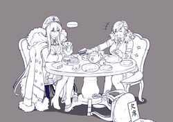  2girls absurdres boots chair coat commentary detached_sleeves eating girls&#039;_frontline glutton hat highres historical_event jacket jacket_on_shoulders kar98k_(girls&#039;_frontline) long_hair long_sleeves military military_hat military_jacket military_uniform monochrome multiple_girls short_hair sitting smile spas-12_(girls&#039;_frontline) table thigh_boots thighhighs twintails uniform z.s.w. 