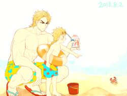  2boys aged_down bad_id bad_twitter_id blonde_hair braid bucket crab dio_brando father_and_son food giorno_giovanna innertube jojo_no_kimyou_na_bouken lolicon male_swimwear manaka_(gunjooou) multiple_boys no_scar pointing sandals shaved_ice swim_ring swim_trunks vento_aureo 