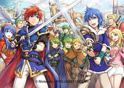  al_(fire_emblem) alen_(fire_emblem) armor belt blue_eyes blue_hair cape chad_(fire_emblem) closed_eyes commentary_request company_connection copyright_name cross-laced_clothes day dieck_(fire_emblem) echidna_(fire_emblem) fantasy fingerless_gloves fir_(fire_emblem) fire_emblem fire_emblem:_hasha_no_tsurugi fire_emblem:_the_binding_blade fire_emblem_cipher fur_trim gant_(fire_emblem) gloves gold_trim green_hair grey_eyes headband holding holding_weapon lance_(fire_emblem) lilina_(fire_emblem) long_hair lugh_(fire_emblem) multiple_boys multiple_girls official_art open_mouth outdoors pants pegasus pegasus_knight_uniform_(fire_emblem) polearm raigh_(fire_emblem) red_hair roy_(fire_emblem) shanna_(fire_emblem) short_hair short_sleeves skirt sky smile spear staff sword tiena_(fire_emblem) watermark weapon yamada_koutarou 