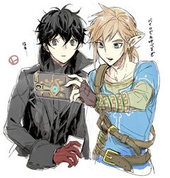  2boys amamiya_ren black_hair blonde_hair blue_eyes cellphone champion&#039;s_tunic_(zelda) earrings gloves holding jewelry koto_(gamelife506) link long_hair looking_at_viewer male_focus multiple_boys persona persona_5 phone pointy_ears ponytail protected_link sheikah_slate simple_background super_smash_bros. the_legend_of_zelda the_legend_of_zelda:_breath_of_the_wild translated 