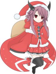  adapted_costume black_ribbon black_thighhighs boots carrying_bag carrying_over_shoulder commentary_request detached_sleeves expressionless female full_body fur_trim hair_ornament hair_ribbon hairclip hat highres inuno_(ococppq) long_scarf looking_at_viewer mondaiji-tachi_ga_isekai_kara_kuru_sou_desu_yo? pest_(mondaiji) purple_hair red_eyes red_footwear red_hair red_scarf red_shirt red_skirt ribbon santa_costume santa_hat scarf shirt short_hair_with_long_locks single_boot skirt solo thighhighs transparent_background 