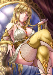  aphrodite_(mythology) armchair armrest artist_name bad_id bad_pixiv_id bare_shoulders between_breasts blonde_hair breasts bridal_gauntlets chair circlet commentary_request crossed_legs earrings female gem greek_mythology holding holding_own_hair indoors jewelry large_breasts lioreo long_hair looking_at_viewer necklace on_chair original parted_lips photoshop_(medium) sitting solo thighhighs throne very_long_hair yellow_eyes yellow_thighhighs 