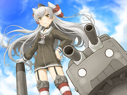  amatsukaze_(kancolle) black_panties blue_sky blush breasts brown_eyes cloud commentary_request cowboy_shot day dress female garter_straps gloves grey_hair hair_tubes hand_on_own_hip highres kantai_collection long_hair long_sleeves looking_at_viewer outdoors panties qome rensouhou-kun sailor_dress see-through short_dress single_glove sky small_breasts solo standing striped_clothes striped_thighhighs thighhighs torpedo two_side_up underwear white_gloves 