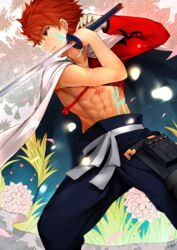  1boy abs bad_id bad_pixiv_id baggy_pants cape cowboy_shot emiya_shirou fate/grand_order fate_(series) fighting_stance floral_background hakama hakama_pants igote japanese_clothes looking_away magic_circuit male_focus messy_hair minari_(minari37) orange_hair pants senji_muramasa_(fate) solo sword tattoo weapon yellow_eyes 