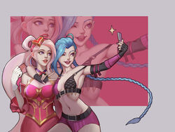  2girls armpits blue_hair braids breasts cleavage dress fingerless_gloves gloves highres jinx_(league_of_legends) league_of_legends lipstick multiple_girls nail_polish navel phone self_shot shorts sideboob smile sona_buvelle sweetheart_sona twintails white_hair 