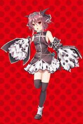  :o absurdres bare_shoulders black_ribbon black_shirt black_thighhighs blush commentary_request female hair_ribbon highres horn_(instrument) mondaiji-tachi_ga_isekai_kara_kuru_sou_desu_yo? pest_(mondaiji) polka_dot polka_dot_background polka_dot_skirt polka_dot_sleeves purple_hair red_background red_eyes ribbon shirt short_hair_with_long_locks skirt solo standing standing_on_one_leg thighhighs very_long_sleeves wide_sleeves xiniu_r&amp;f_(lande_hua_hua) 