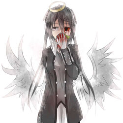  alela_grora_(funamusea) angel angel_wings apple black_dress black_hair blood blood_on_face commentary_request dress eyepatch female food fruit funamusea gloves haiiro_teien halo highres long_hair namazu_(yitingyiduyibei) solo twintails unworn_eyepatch wings 