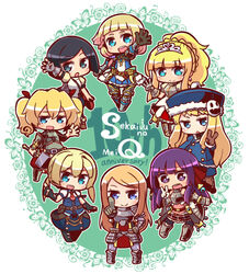  6+girls :d :o anniversary arianna_caledonia arm_up armor armored_boots bag belt belt_buckle black_footwear black_gloves black_hair black_legwear blonde_hair blue_eyes blue_hat blue_jacket blue_shirt blue_skirt blush boots bow braid breastplate brown_belt brown_footwear brown_gloves buckle bug butterfly chibi closed_mouth collared_shirt commentary_request fencer_(sekaiju) fencer_2_(sekaiju) fingerless_gloves flower fortress_(sekaiju) fortress_2_(sekaiju) frederica_irving fur-trimmed_headwear fur_trim gauntlets gloves green_eyes grey_gloves grey_legwear gunner_(sekaiju) gunner_2_(sekaiju) hair_between_eyes hairbow hammer hat holding holding_hammer index_finger_raised jacket knee_boots long_hair long_sleeves low_twintails multiple_girls naga_u open_mouth outstretched_arm paladin_(sekaiju) paladin_2_(sekaiju) pantyhose parted_lips plaid plaid_skirt pleated_skirt ponytail princess_(sekaiju) princess_2_(sekaiju) puffy_short_sleeves puffy_sleeves purple_eyes purple_hair red_bow red_neckwear red_skirt round_teeth satchel sekaiju_no_meikyuu sekaiju_no_meikyuu_1 sekaiju_no_meikyuu_2 sekaiju_no_meikyuu_3 sekaiju_no_meikyuu_4 sekaiju_no_meikyuu_5 shin_sekaiju_no_meikyuu shin_sekaiju_no_meikyuu_2 shirt short_hair short_sleeves skirt smile standing swept_bangs swordsman_(sekaiju_4) swordsman_2_(sekaiju_4) teeth tiara twintails upper_teeth_only v very_long_hair white_shirt 