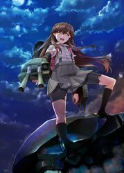  abyssal_ship ajino_(sakanahen) arashio_(kancolle) arm_warmers battle bike_shorts black_socks brown_hair cannon cloud cloudy_sky commentary_request female fire full_moon highres i-class_destroyer injury kantai_collection kneehighs long_hair moon night ocean open_mouth pleated_skirt shirt shoes short_sleeves skirt sky smile socks suspenders turret white_shirt yellow_eyes 