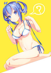  :&lt; ? ahoge amiami_(company) bikini blue_eyes blue_hair blush breasts closed_mouth dutch_angle female hair_ornament large_breasts lightning_bolt_symbol lilco looking_at_viewer seiza side-tie_bikini_bottom simple_background sitting solo speech_bubble spoken_question_mark sweatdrop swimsuit twintails untied_bikini v-shaped_eyebrows white_bikini yellow_background yumekui 