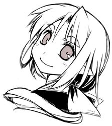  bad_id bad_pixiv_id eyebrows female hakoniwa_tsuka looking_at_viewer looking_back monochrome pixiv_mahou_gakuen pointy_ears short_hair simple_background smile solo upper_body white_background 