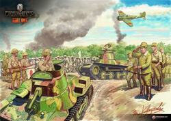  6+boys aircraft airplane caterpillar_tracks commentary english_commentary flag gun highres katana kobayashi_motofumi military military_vehicle motor_vehicle multiple_boys official_art rifle smoke sword tank type_95_ha-gou vehicle_focus wargaming_japan weapon white_flag world_of_tanks 