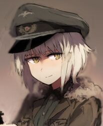  bad_id bad_link bad_twitter_id brown_eyes female fur_trim hat huberta_von_bonin light_smile looking_away lowres military military_uniform ohashi_(hashidate) peaked_cap short_hair solo uniform upper_body white_hair world_witches_series 