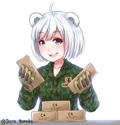  :d animal_ears bad_id bad_twitter_id bear_ears blue_eyes c4 camouflage camouflage_shirt collared_shirt commentary commission disco_brando english_commentary female gloves green_shirt hands_up holding long_sleeves looking_at_viewer oerba_yun_fang open_mouth original shirt short_hair simple_background smile solo twitter_username white_background white_hair 