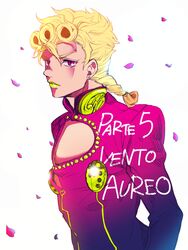  1boy bad_id bad_twitter_id blonde_hair braid cleavage_cutout clothing_cutout giorno_giovanna jojo_no_kimyou_na_bouken lipstick makeup male_focus manaka_(gunjooou) pink_eyes solo vento_aureo 