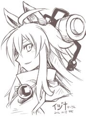  ahoge animal_ears commentary_request female fox_ears hakoniwa_tsuka izuna_(shinrabanshou) long_hair monochrome scroll shinrabanshou simple_background smile solo translation_request upper_body white_background 