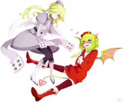  2girls angel_wings aryll_(marbles) bad_id bad_pixiv_id black_legwear blonde_hair blue_eyes blush boots capelet cross cross_necklace demon_girl demon_wings dice_hair_ornament dress froze_(funamusea) full_body funamusea glasses green_hair grey_dress haiiro_teien hair_ornament hat heart heart-shaped_pupils highres horns jewelry long_hair multiple_girls necklace red_eyes semi-rimless_eyewear short_hair sweater sweater_dress symbol-shaped_pupils transparent_background turtleneck twintails wings yosafire_(funamusea) 