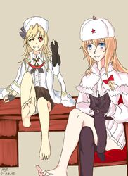  2girls barefoot blonde_hair blue_eyes chair desk feet fingerless_gloves girls_frontline grin hat holding_socks legs_crossed long_hair looking_at_viewer m1895_(girls_frontline) mosin-nagant_(girls_frontline) multiple_girls one_eye_closed pantyshot red_eyes single_sock sitting smile socks_removed soles toes 